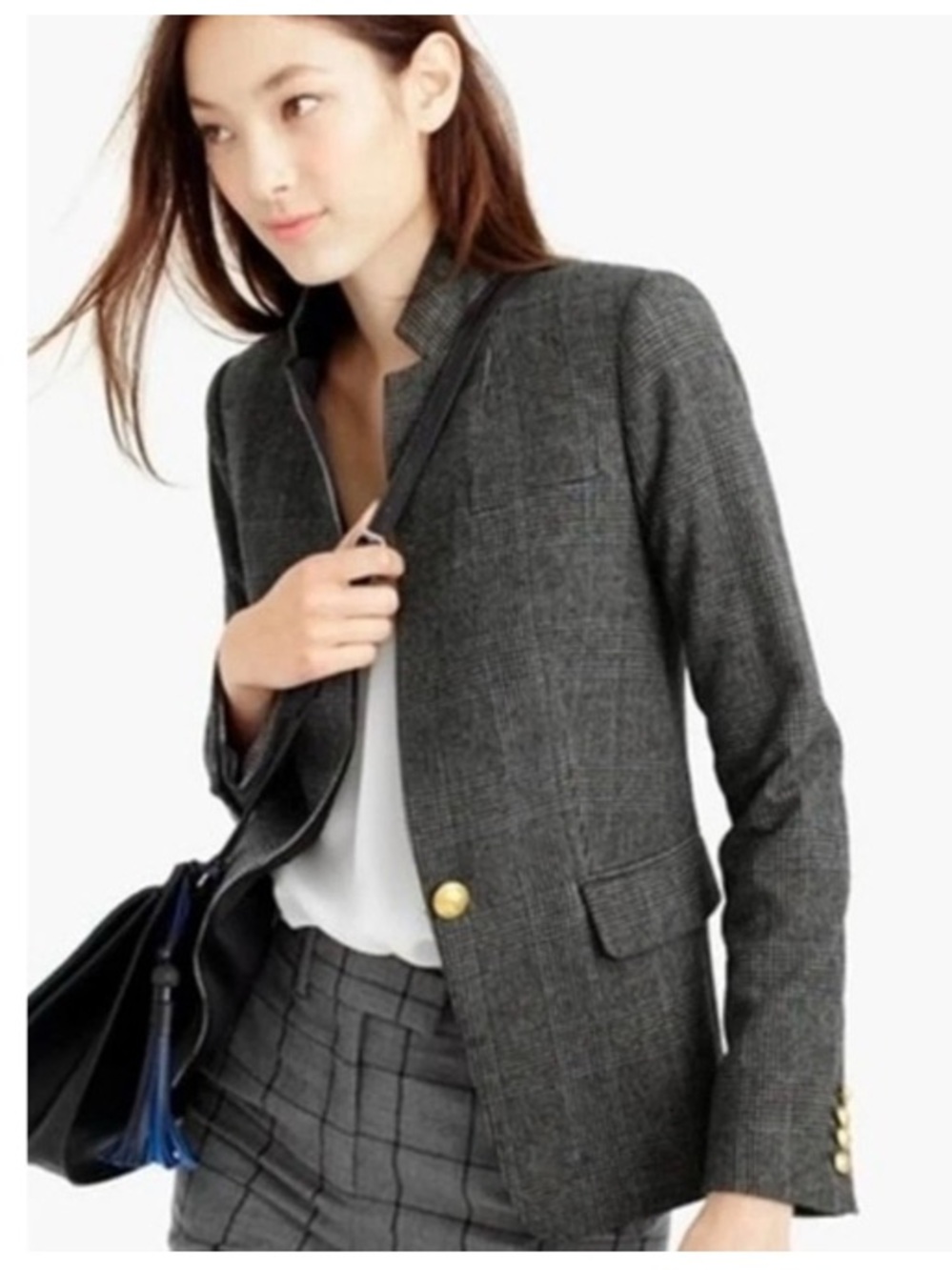 J. Crew Regent Houndstooth Plaid Wool Single Breasted Blazer Jacket Black 0